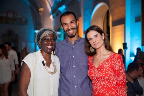 Lola Young, Baroness Young of Hornsey with unknown guest and Livia Firth at the Observer Ethical Awards 2015, held at the V&A Museum in London